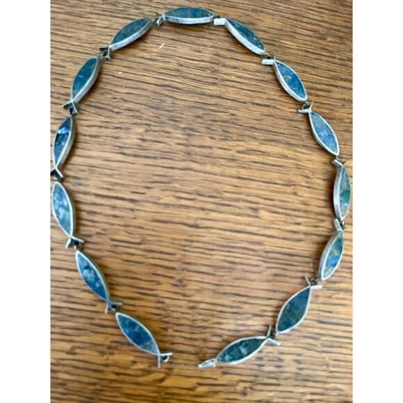Turquoise Chip Mosaic Fish Necklace Choker Sterling Silver ~ Antique ~ Vintage - Picture 1 of 7